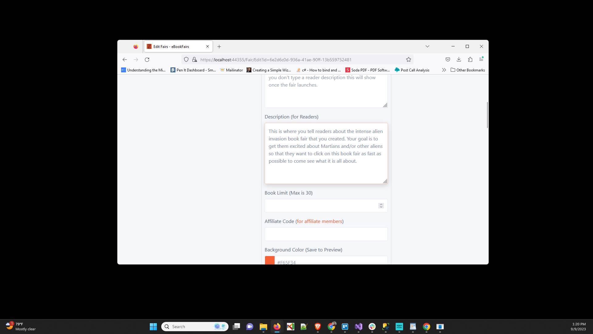 Enter the "Book Limit" which will determine how many books can be in your fair. This must be on or between 10 and 30 books.