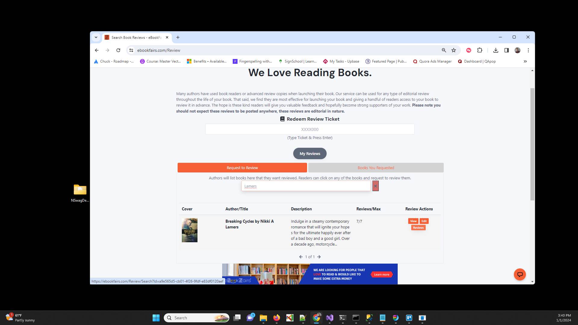 Click the "Reviews" button next to your book in the Review Actions column.