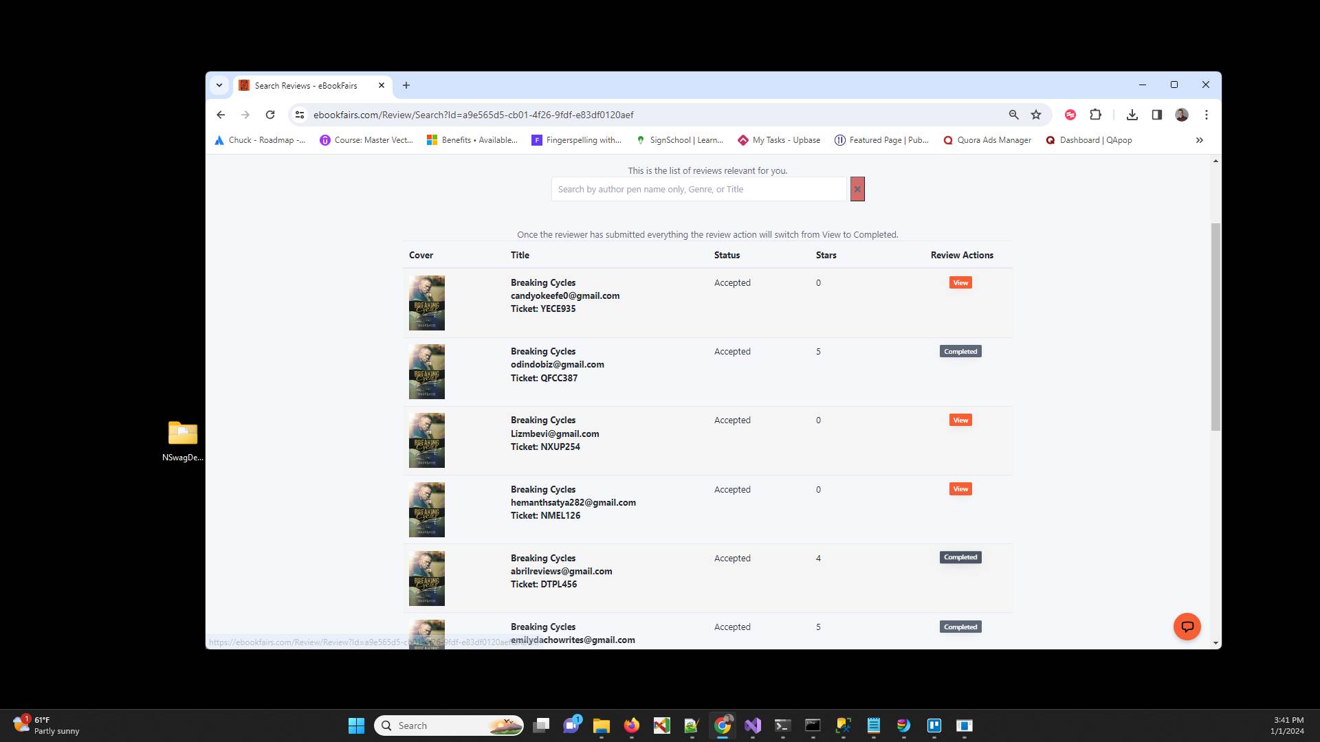 From here it is the same. A review with more than 0 stars and a status of Completed means that there is something for you to review. Once again the star value of 0 means the reader has not turned in their review yet.