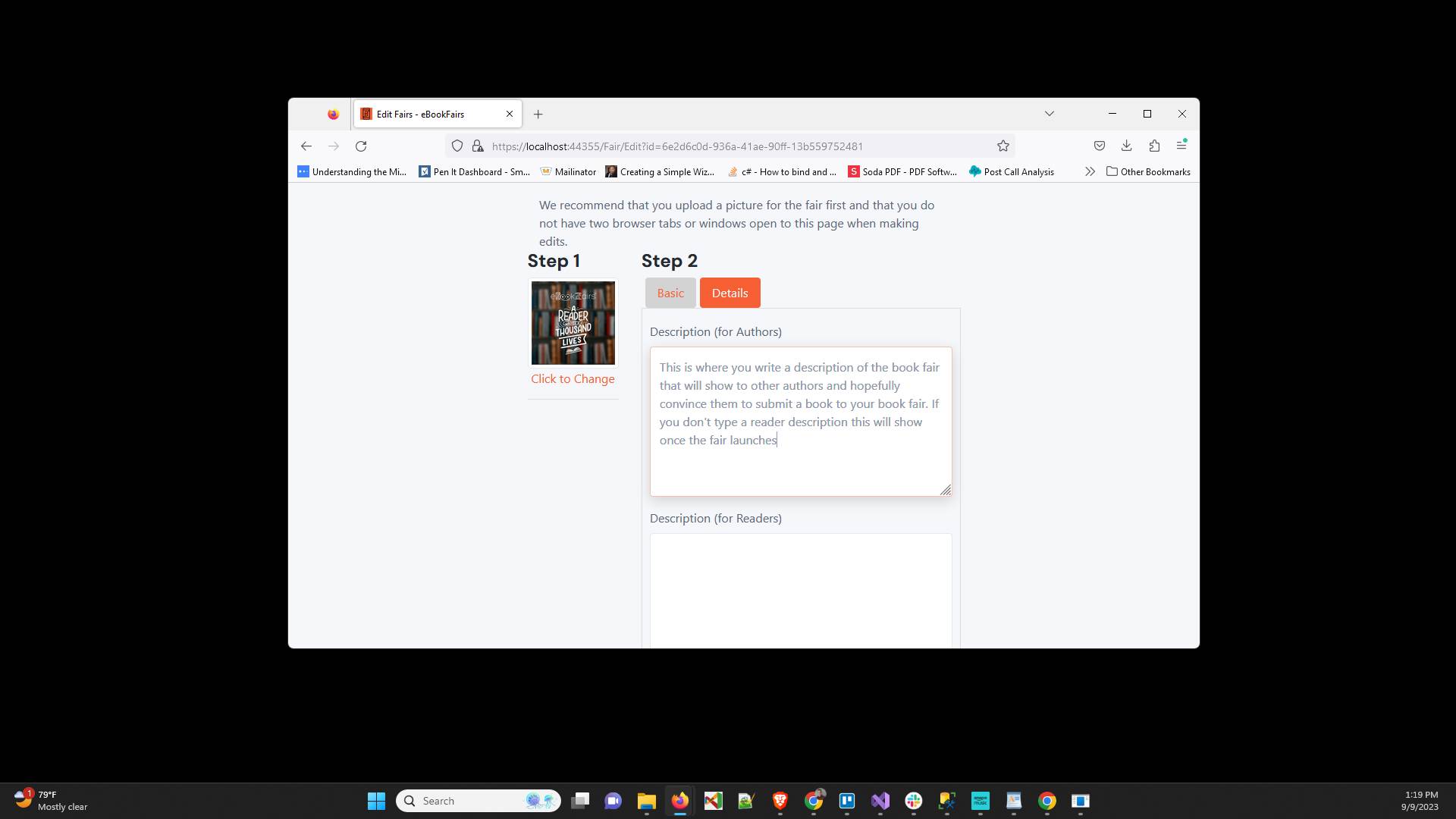 In "Description (for Authors)" type a description that will encourage authors to submit books to your fair