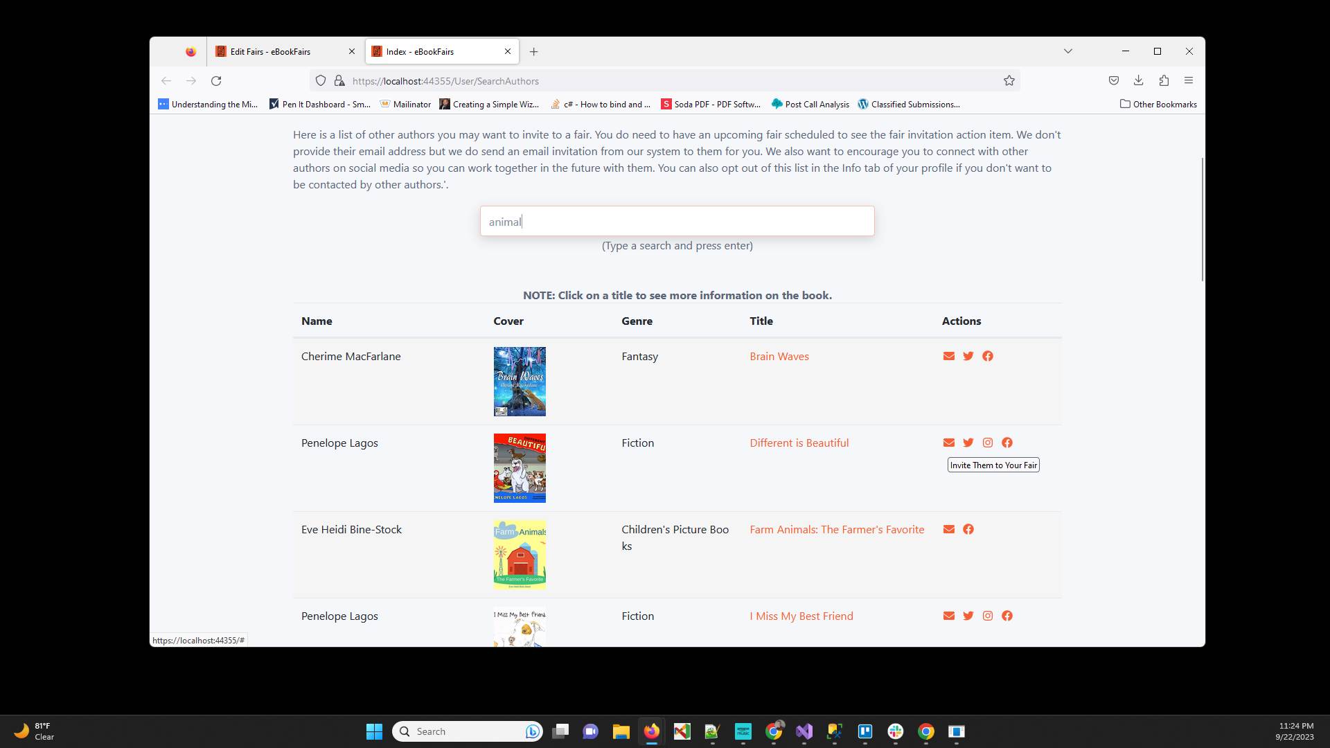 Choose an author from the results and click on the Invite envelope icon