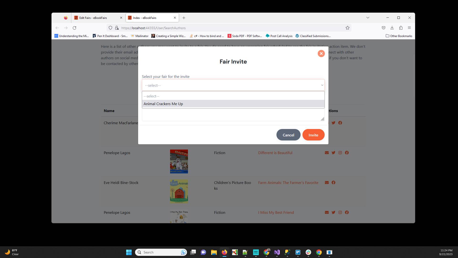 Select the book fair you want to invite the author to