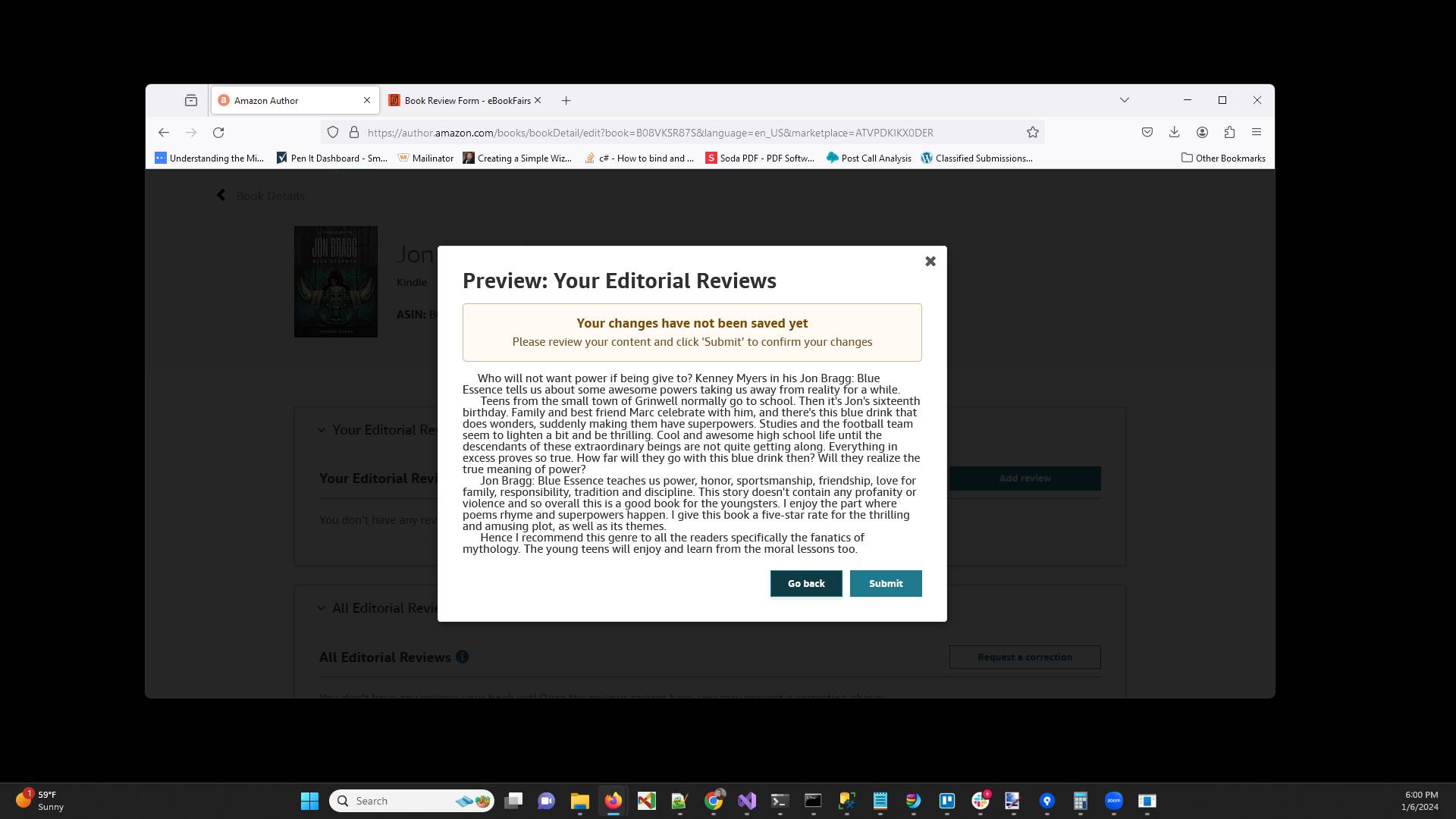 Click "Submit" to submit your Editorial Review. It will take some time for Amazon to process and show the Editorial Review.