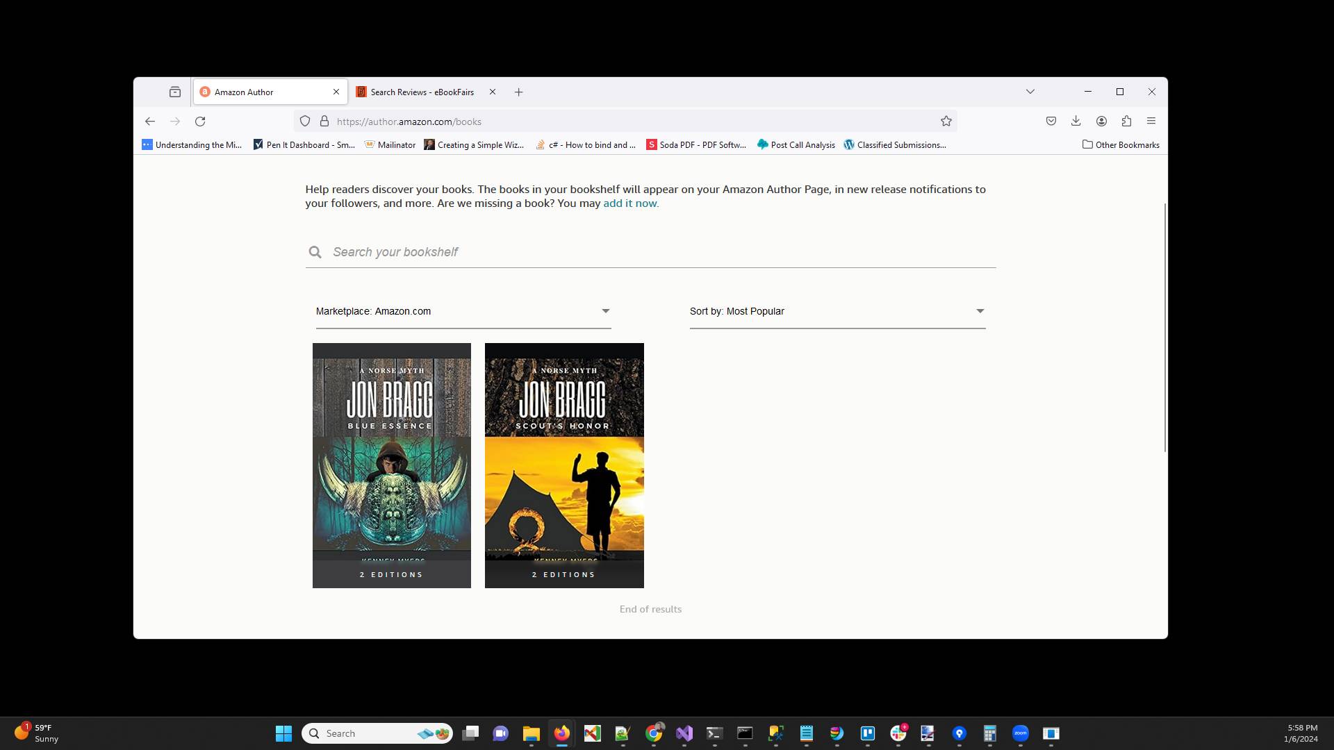 Click the book that you want to add an editorial review for in this example it is Jon Bragg Blue Essence.