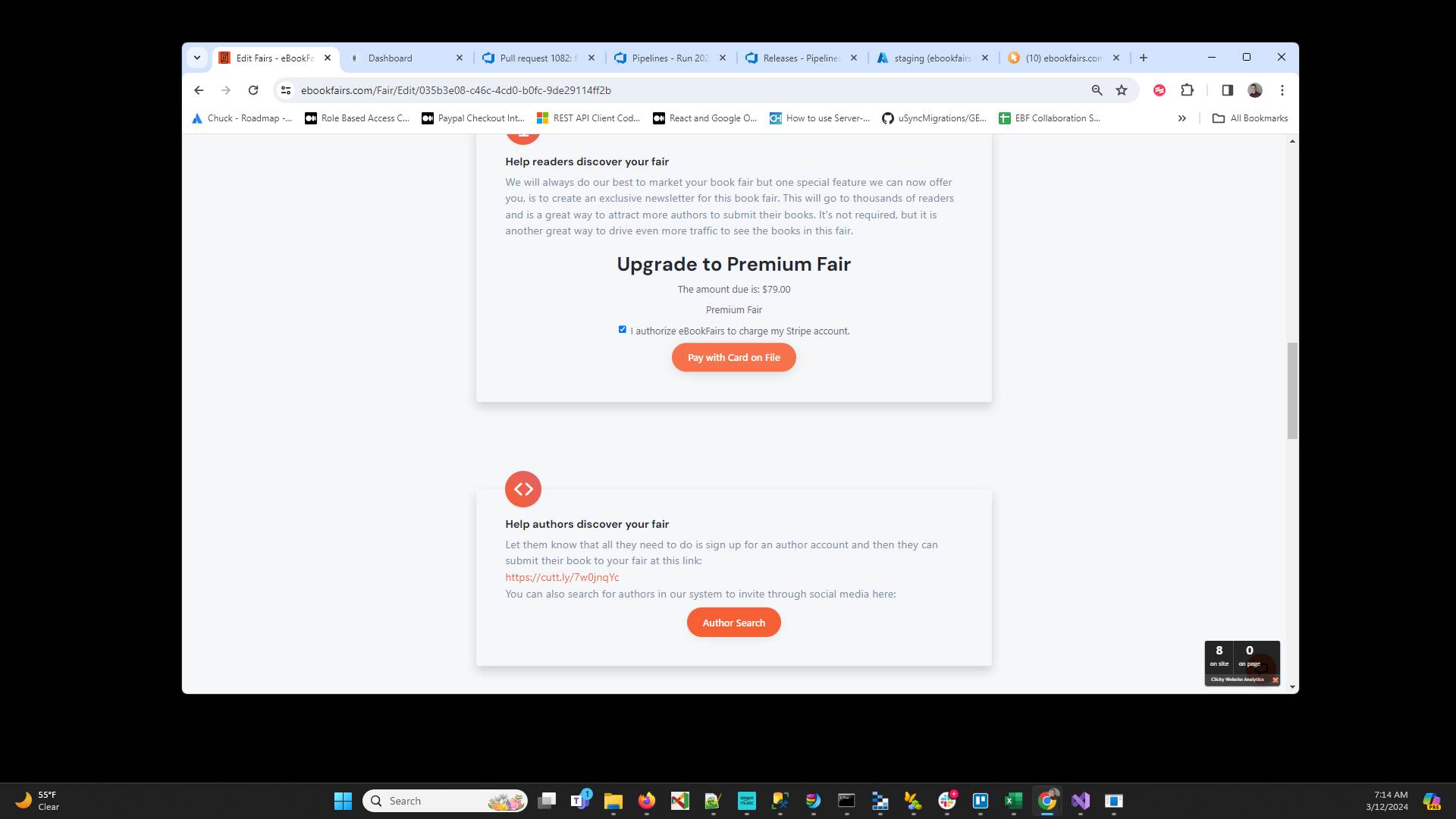 Click "Pay with Card on File" - If the payment is successful then your fair will automatically change to a premium fair and should start receiving more entries. when your book fair is published we will send an email to thousands of potential readers driving extra traffic to your book fair.